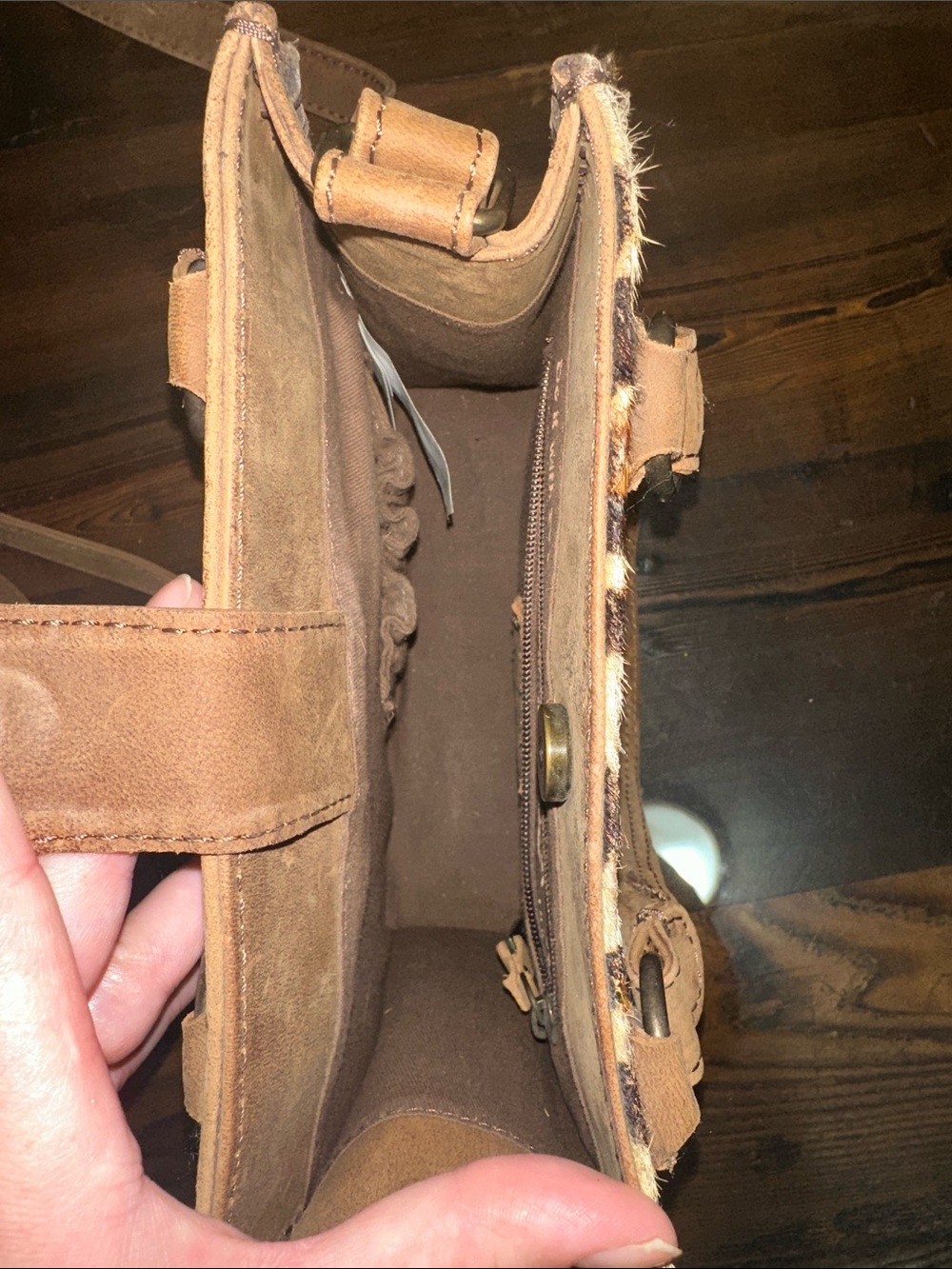 STS Brown Leather Satchel with Leopard Accent - Picture 6 of 7